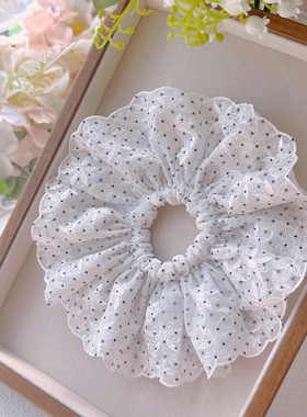 白色刺绣黑色波点刺绣裙摆可爱手工蝴蝶蕾丝发圈丸子头发圈