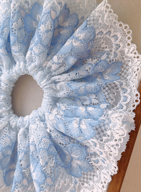 蓝色花朵双层精致蕾丝裙摆可爱手工蝴蝶蕾丝发圈丸子头发圈