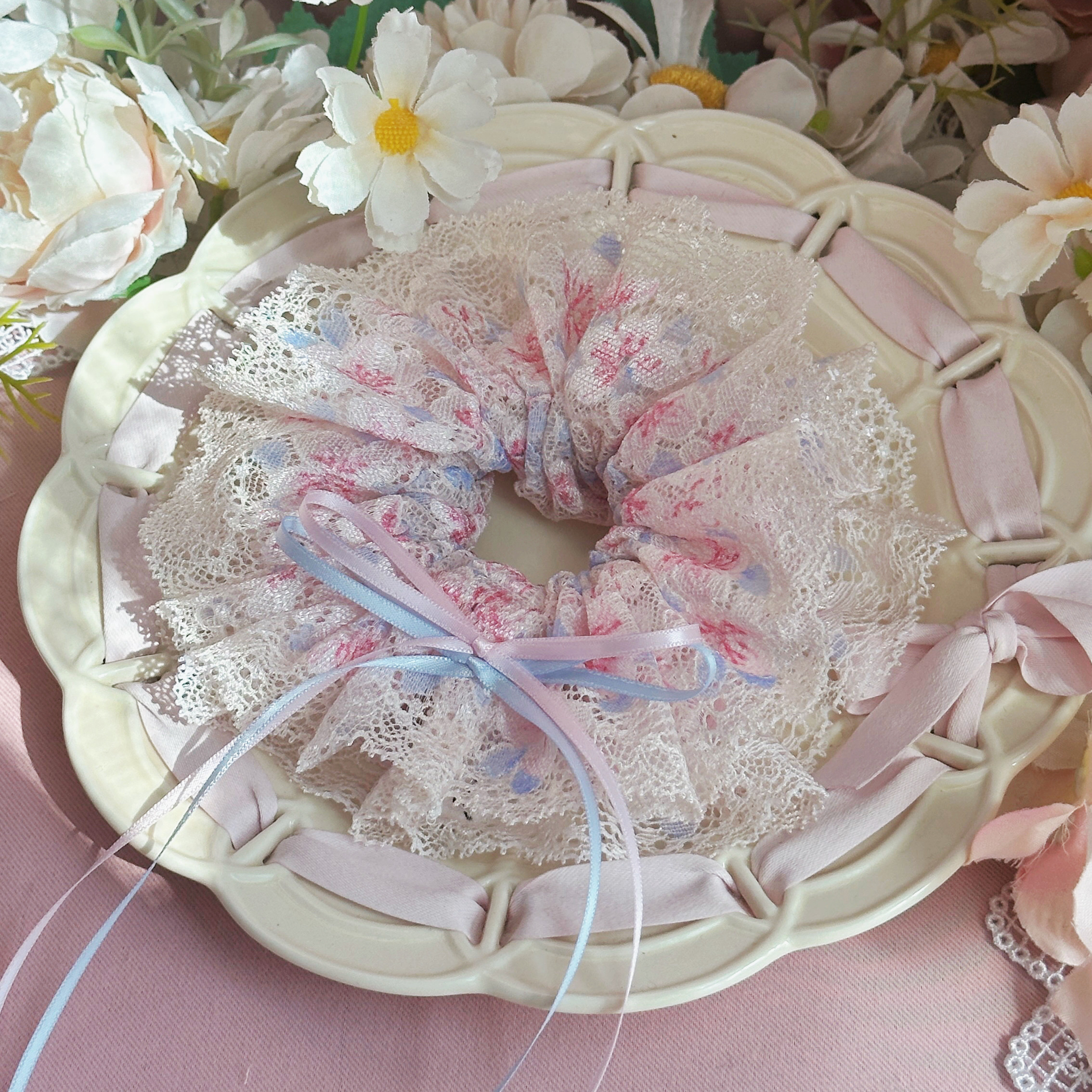 蓝粉色樱花可爱多层蕾丝重工花朵花环发圈丸子头发圈