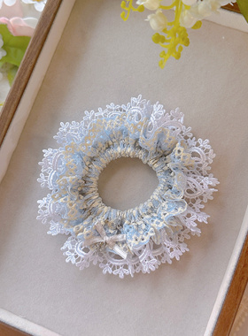 蓝色迷你蝴蝶结蕾丝发圈月亮吊坠可爱手工蝴蝶蕾丝发圈丸子头发圈