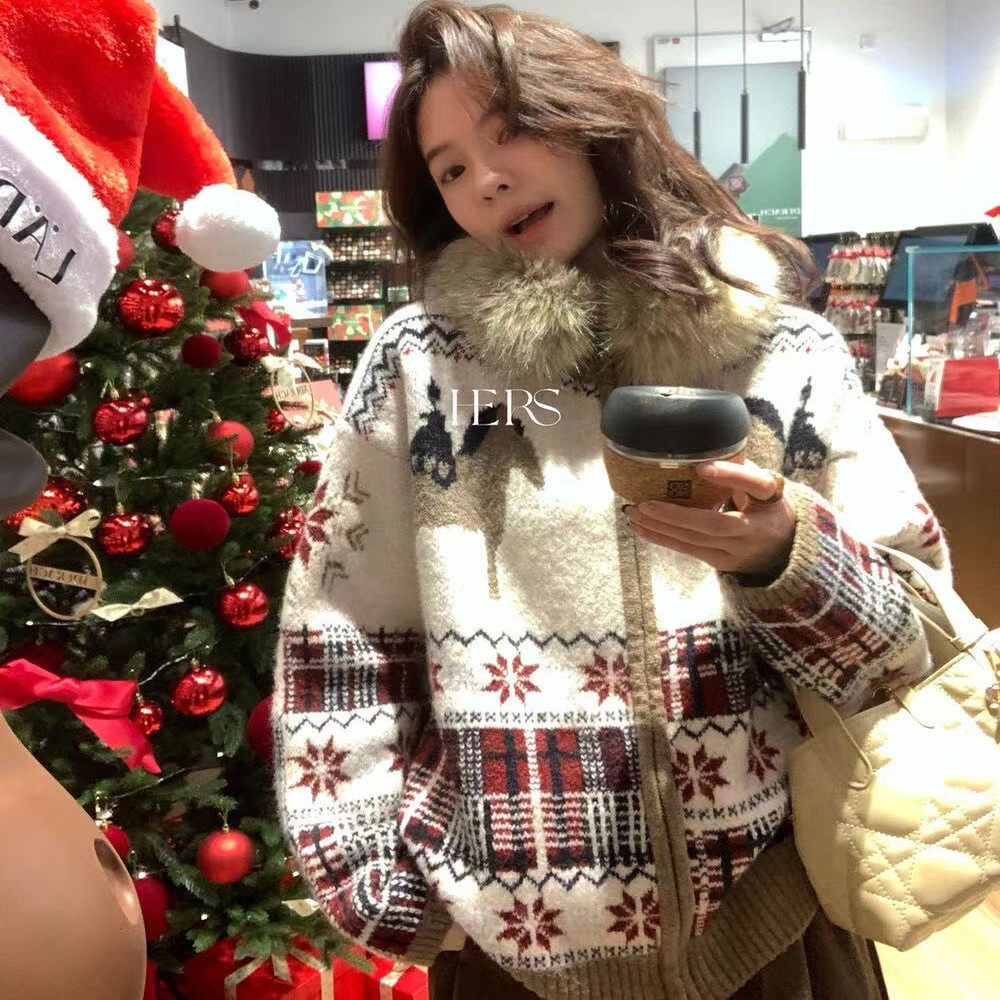 复古费尔岛提花可拆毛领针织开衫