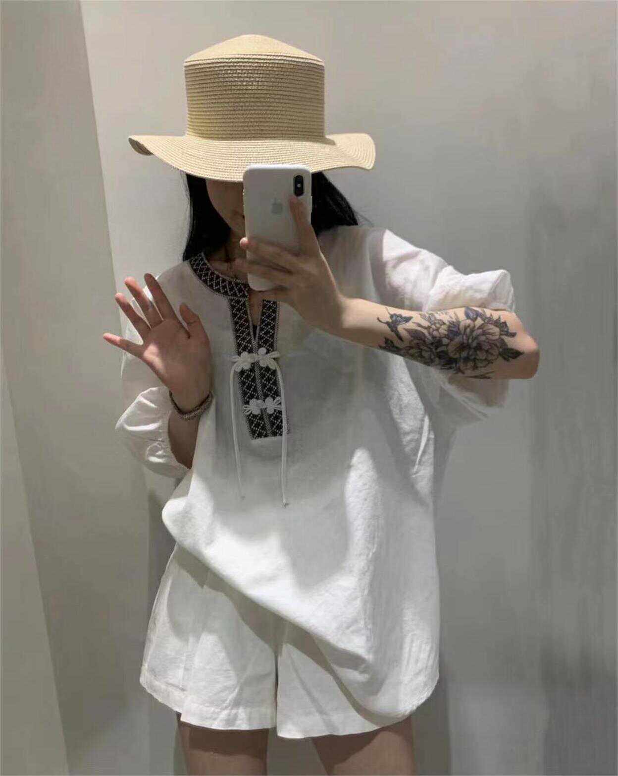 花枝漫舞新中式棉麻刺绣盘扣套装