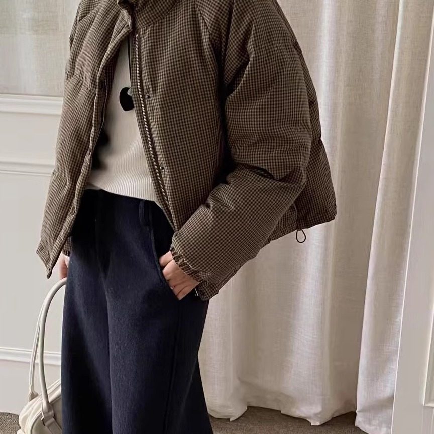 韩版立领短款格纹保暖羽绒服女