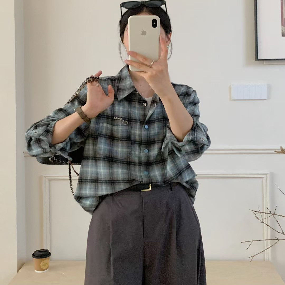 加厚衬衫色织格子长袖衬衫女设计感宽松情侣衬衣秋季外套休闲百搭