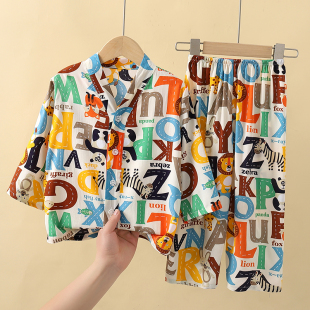 儿童绵绸睡衣薄款夏季长袖中大男女童棉绸空调服人造棉家居服套装