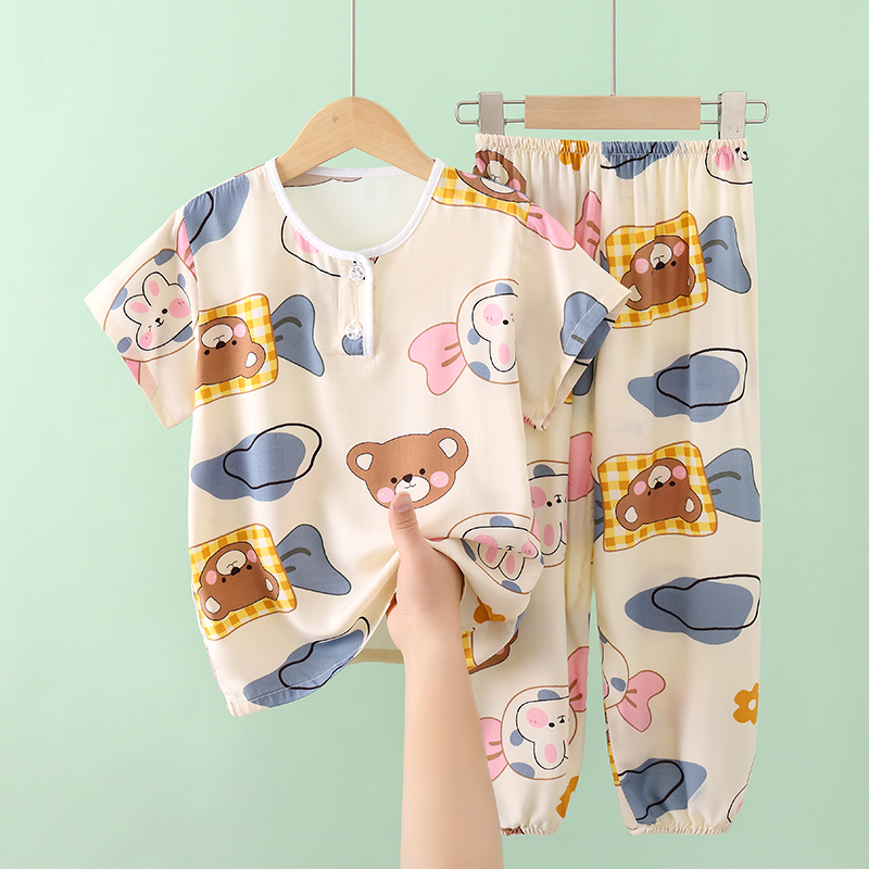 儿童棉绸睡衣夏季薄款女孩短袖