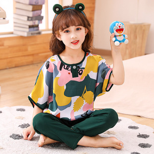 儿童棉绸睡衣套装夏季男孩女童绵绸中大童薄款家居服人造棉空调服