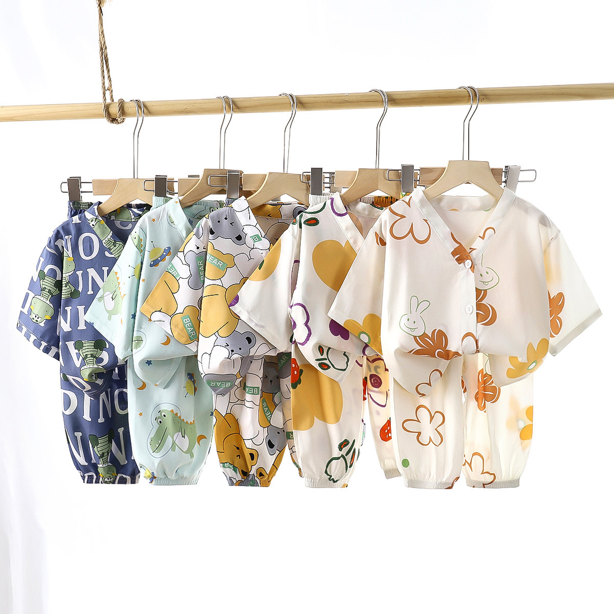 儿童家居服绵绸套装夏季男女童睡衣宝宝人造棉两件套棉绸空调服薄