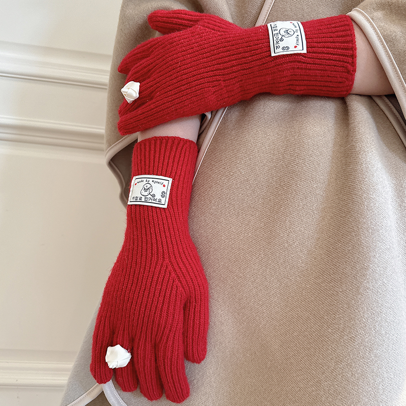 女士绵羊绒长款玫瑰花保暖手套