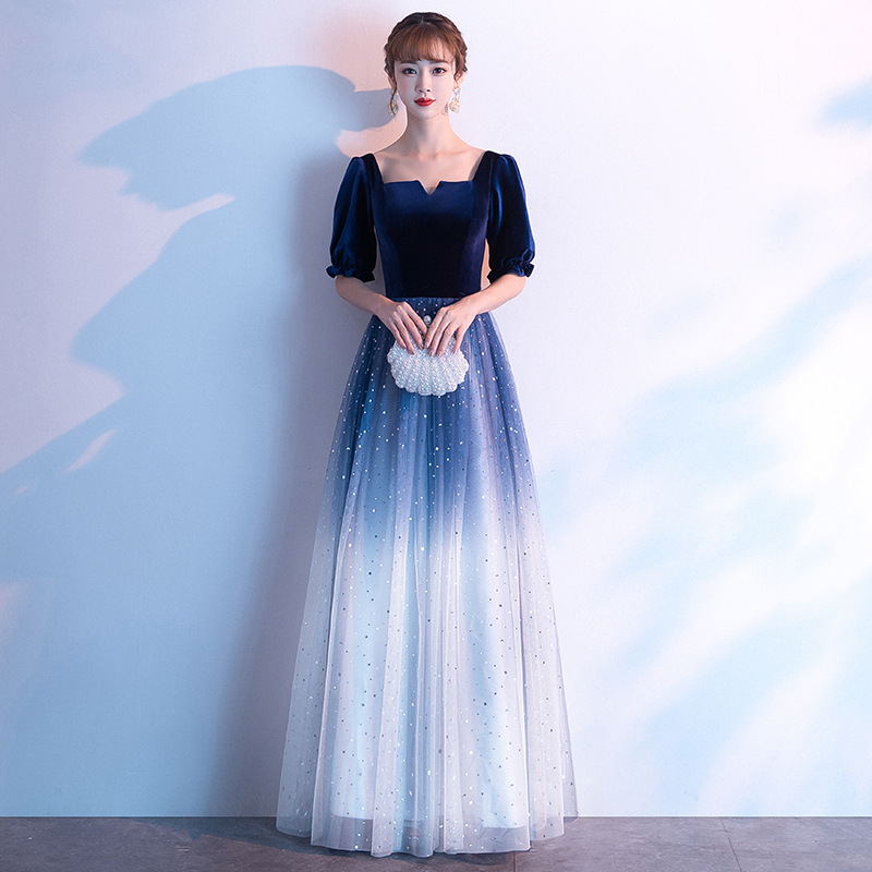 v领蓝色长款伴娘礼服出租 星空丝绒晚礼服女宴会合唱团演出服租赁