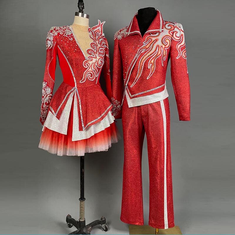 中国红现代舞蹈服装演出服出租 喜庆打鼓舞蹈表演服快板歌租赁