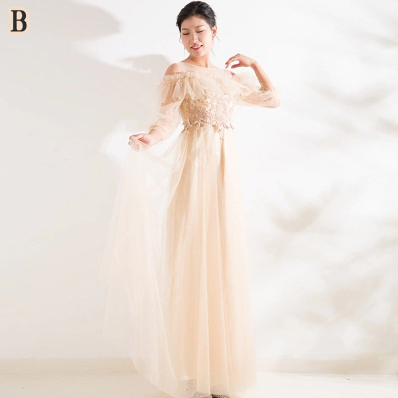 香槟色b款圆领合唱服装出租 晚会主持人大合唱团礼服演出服装租赁