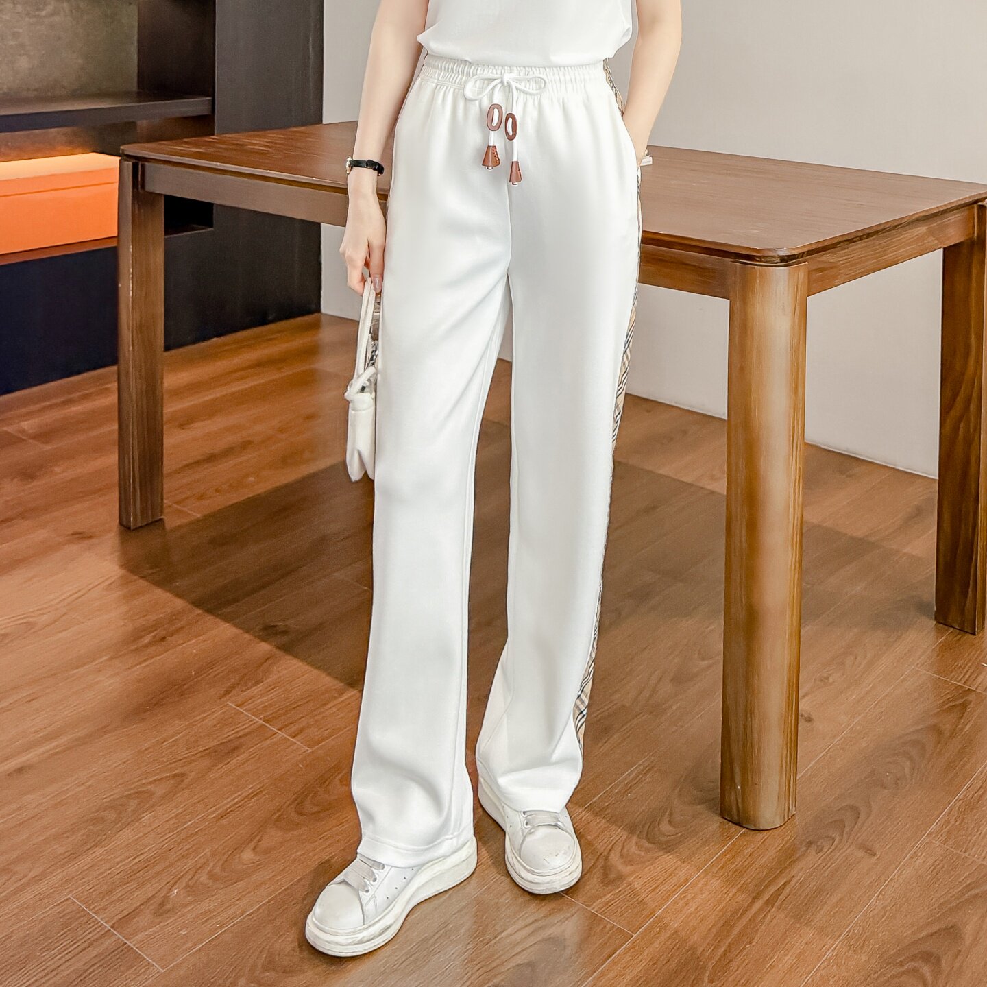 通勤风高腰抽绳直筒裤女白色宽松休闲春夏长裤松弛感BIABETTY正品