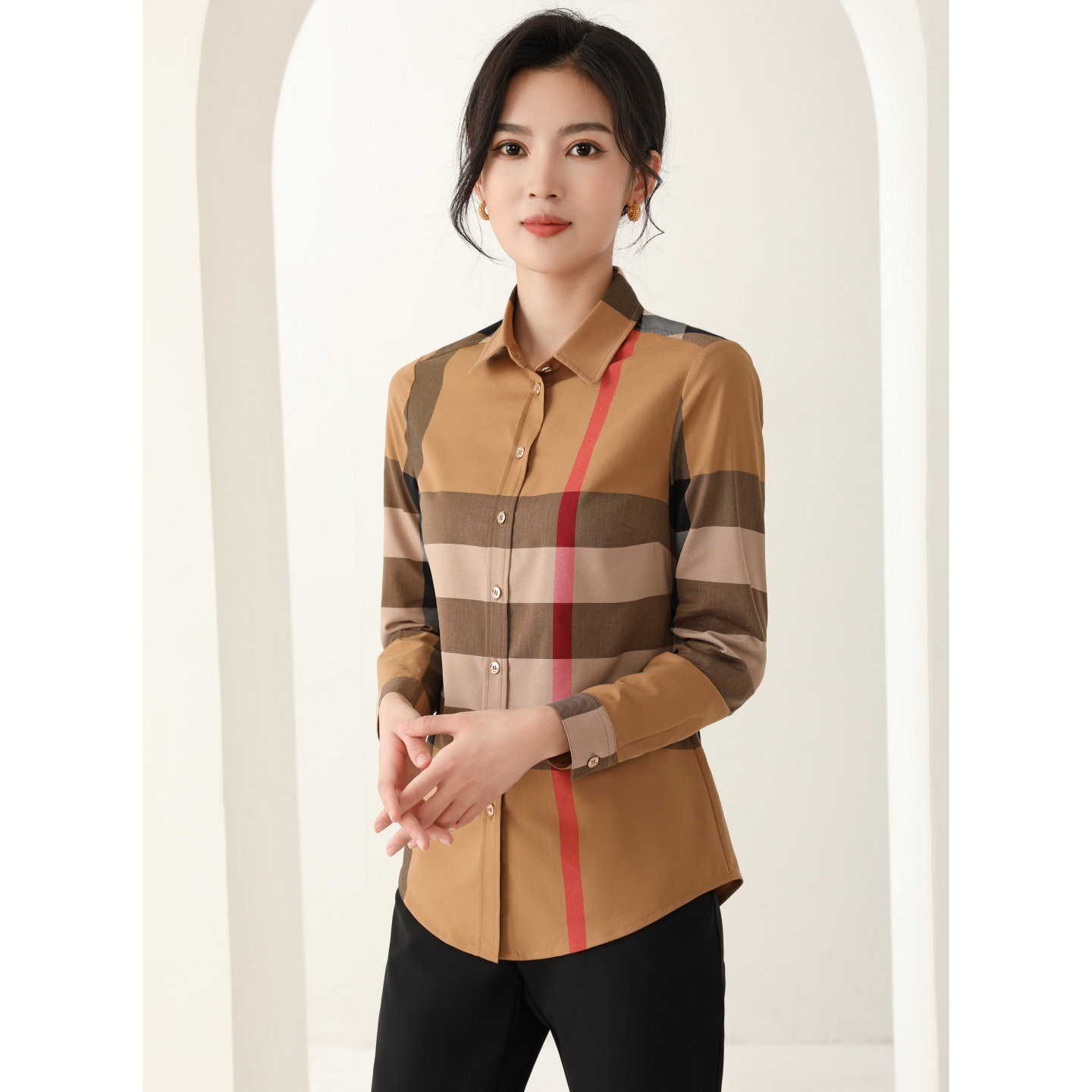 欧美高端棉质格子方格红色女装衬衫团队工作服喜庆服BIABETTY正品