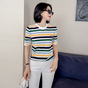 度假休闲针织薄款透气弹力女装条纹短袖T恤BIABETTY英伦专柜正品