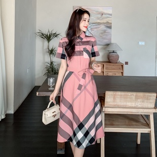 时尚优雅大牌BIABETTY正品英伦气质修身中长款格子短袖显瘦连衣裙