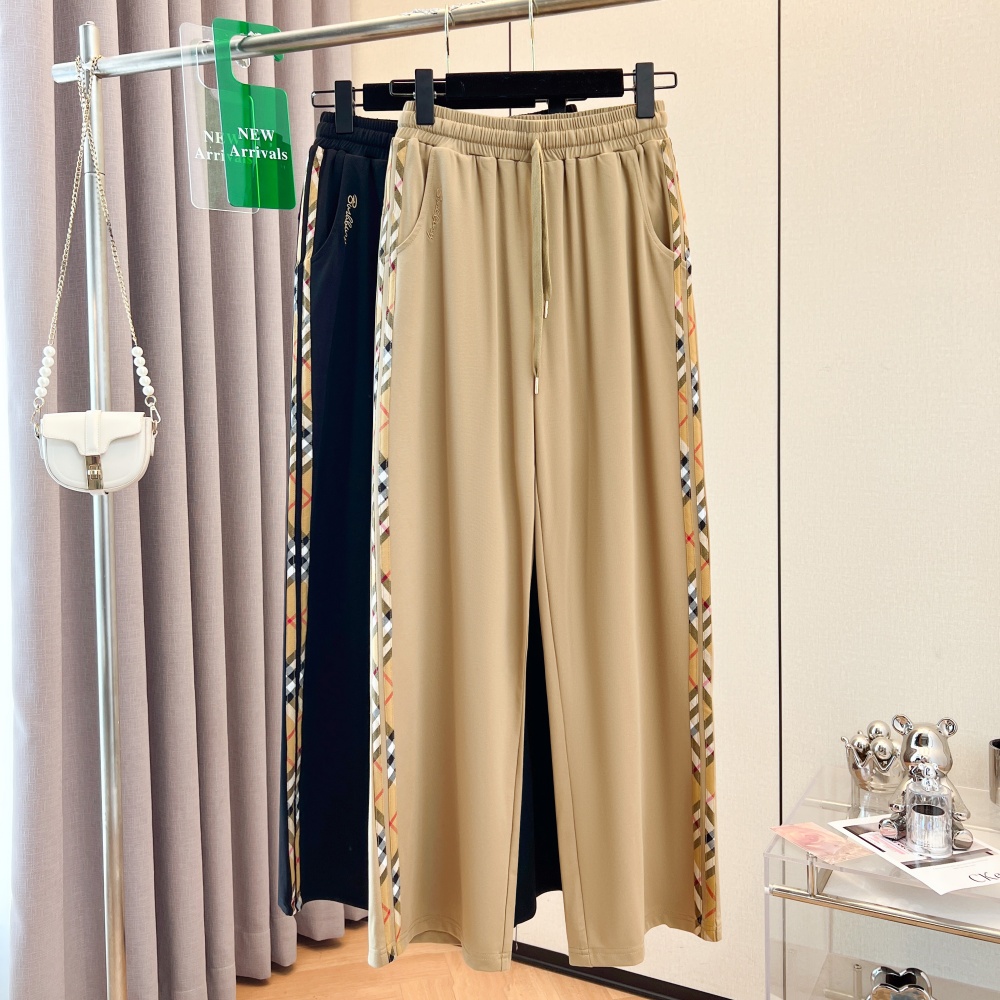 春夏格纹休闲裤侧边格纹拼接长裤
