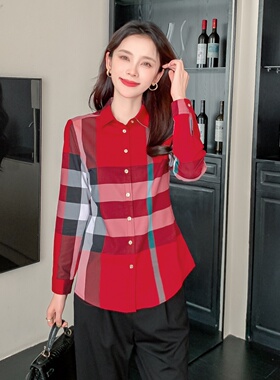 欧美高端棉质格子方格红色女装衬衫团队工作服喜庆服BIABETTY正品