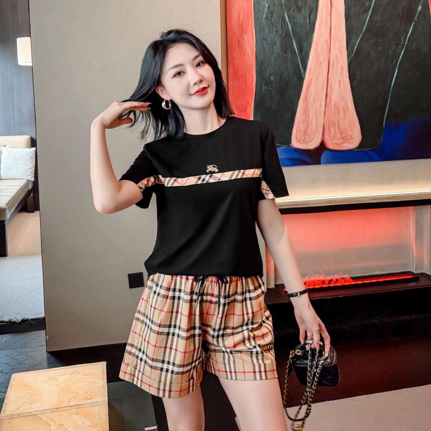 欧美休闲风短袖T恤女格纹拼接圆领显瘦百搭减龄上衣BIABETTY正品