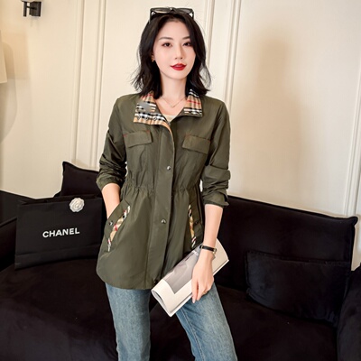 春季薄款军绿格子显瘦中长风衣女