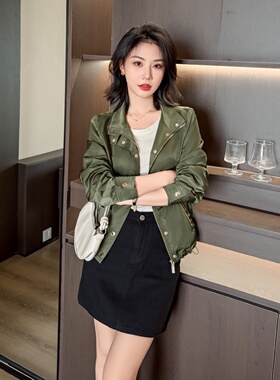 绿色机车风短款夹克外套女高级感英伦百搭上衣BIABETTY欧美正品