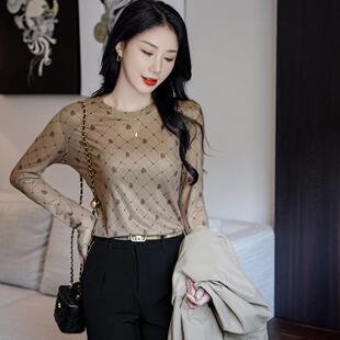 欧美高端薄款长袖网纱网格打底衫有弹力成熟优雅女装T恤BIABETTY