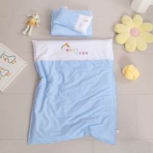 幼儿园被子三件套纯棉儿童午睡被褥纯色格子拼接被套绣字logo定做