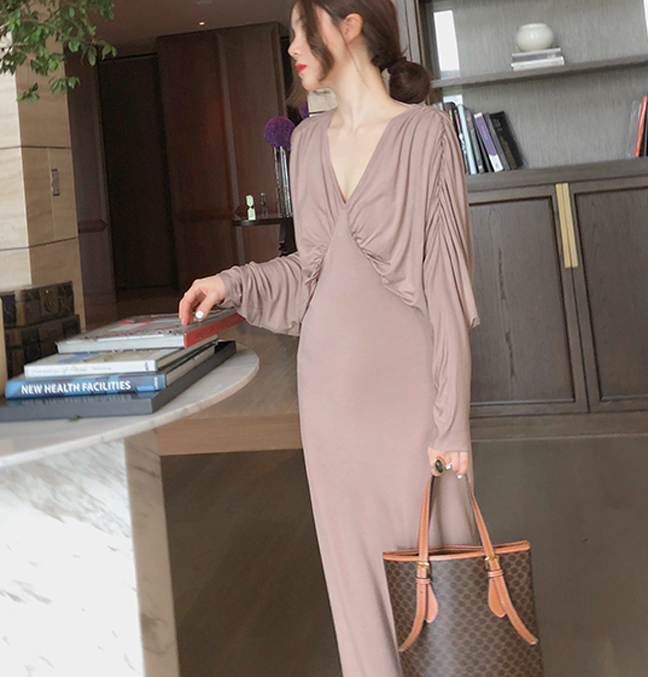 1712丹丹纸样服装1：1裁剪图纸打版DIY连衣裙长款包臀蝙蝠袖V领叉