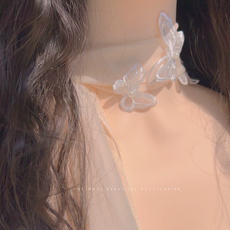 韩版超温柔仙气杏色蝴蝶网纱绑带项圈颈带少女飘带小围巾纱巾项链