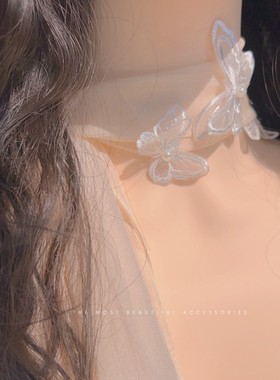 韩版超温柔仙气杏色蝴蝶网纱绑带项圈颈带少女飘带小围巾纱巾项链