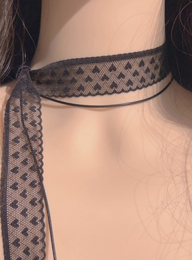 小众设计感黑色爱心蕾丝花边长条小围巾项圈颈带少女气质百搭项链