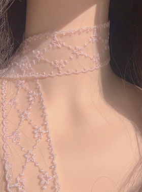 超仙气甜美温柔纯欲风粉色蕾丝刺绣项圈颈带choker少女飘带窄围巾