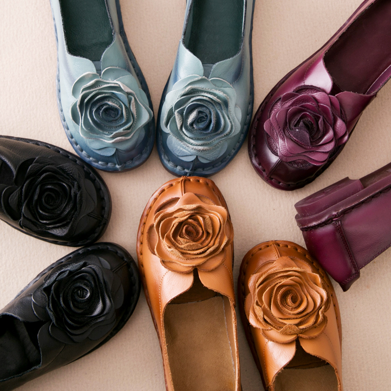 复古花朵手工鞋浅口单鞋女平跟舒适春秋四季真皮软底鞋民族风女鞋|msdalam kategori Kasut wanita, kasut rendah - dari Buy2taobao.com untuk memberikan perkhidmatan ejen Taobao profesional membeli