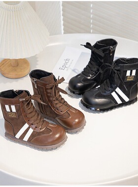 儿童德训靴子25秋冬加绒皮面女童拉链休闲高帮靴中大童时尚中筒靴