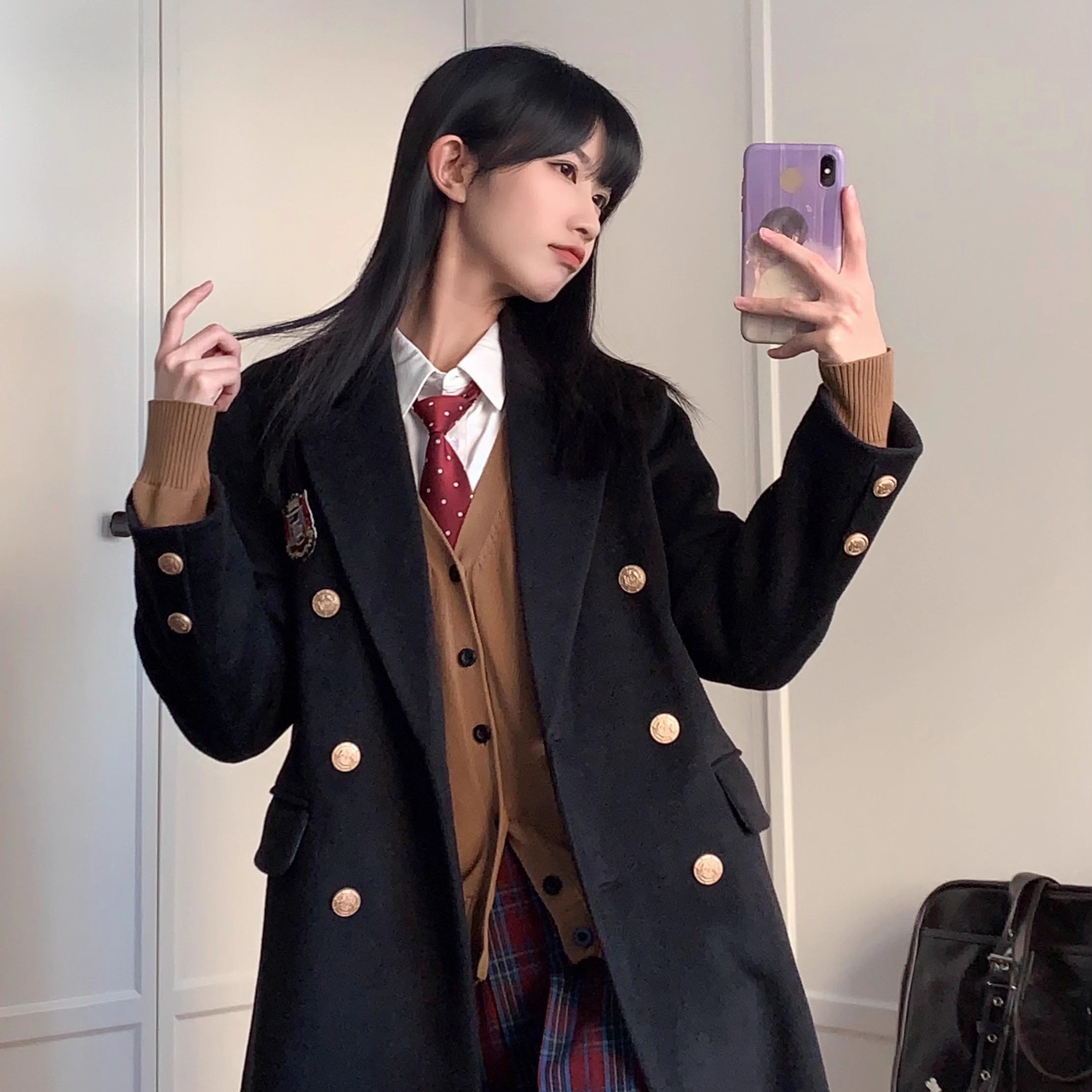 JK校供感黑色长款大衣毛呢外套