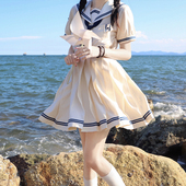 轻复古少女条纹连衣裙 去海边 原创水手服盛夏服 夏日和风铃