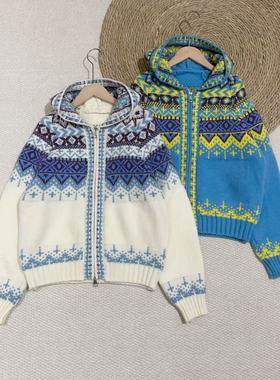 2025正流行宽松慵懒高级感费尔岛减龄蓝色连帽毛衣女厚实针织开衫