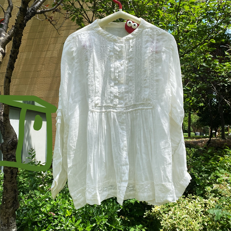 春夏日系森女蕾丝拼接灯笼袖苎麻衬衫宽松百搭减龄复古开衫小衫