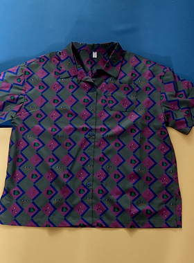 日系童趣复古马戏团大头狗紫色菱格宽松绿色短袖数码印花衬衫女