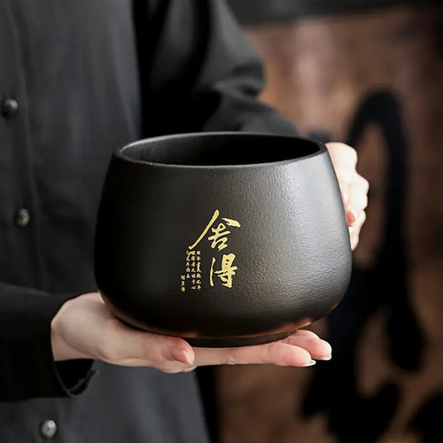 大号茶渣缸简约大容量高档中式黑色手工陶瓷个性洗杯日式茶渣桶