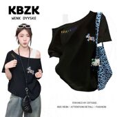 复古小马印花2025夏季 小众百搭休闲ins假两件短袖 t恤女斜肩上衣服