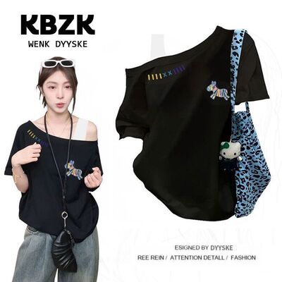 假两件短袖t恤女斜肩上衣服