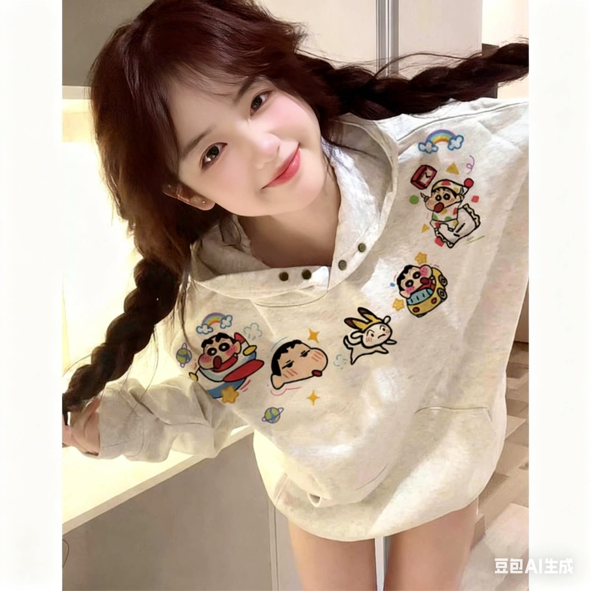 蜡笔小新印花卫衣女连帽韩系甜美慵懒风宽松女童冬加绒初中生外套