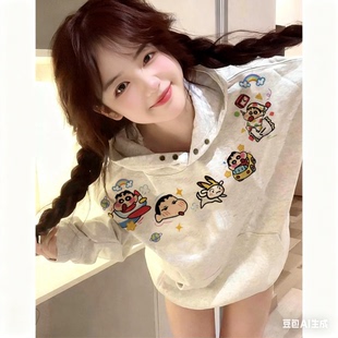 蜡笔小新印花卫衣女连帽韩系甜美慵懒风宽松女童冬加绒初中生外套