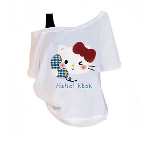 甜酷Hello Kitty凯蒂猫吊带斜肩T恤女夏多巴胺宽松假两件短袖上衣