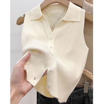 polo翻领薄款吊带针织背心女夏季外穿别致甜辣修身坎肩无袖小上衣