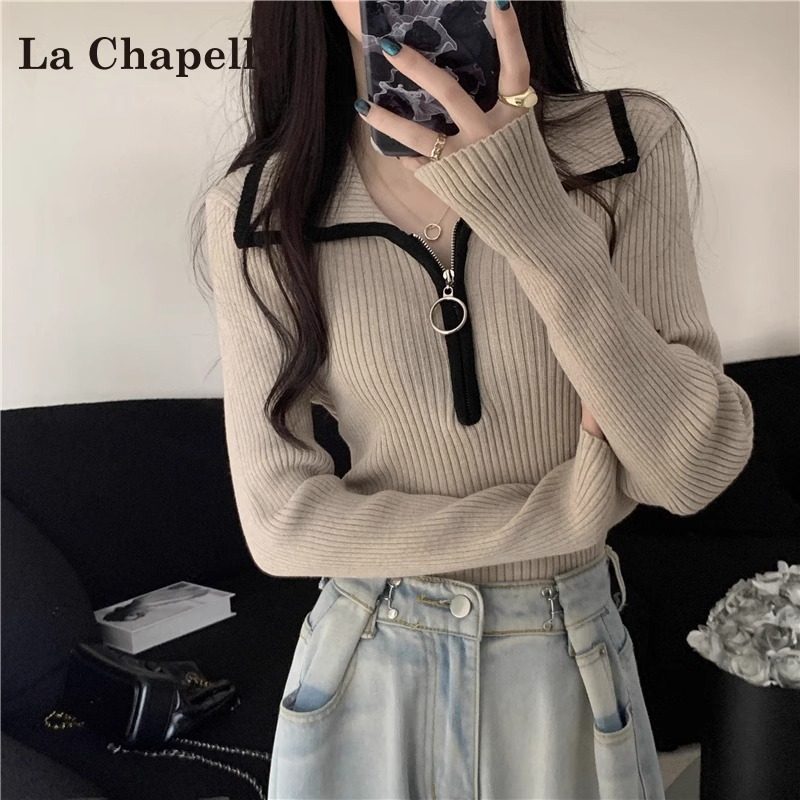 拼色小众正肩长袖针织衫女