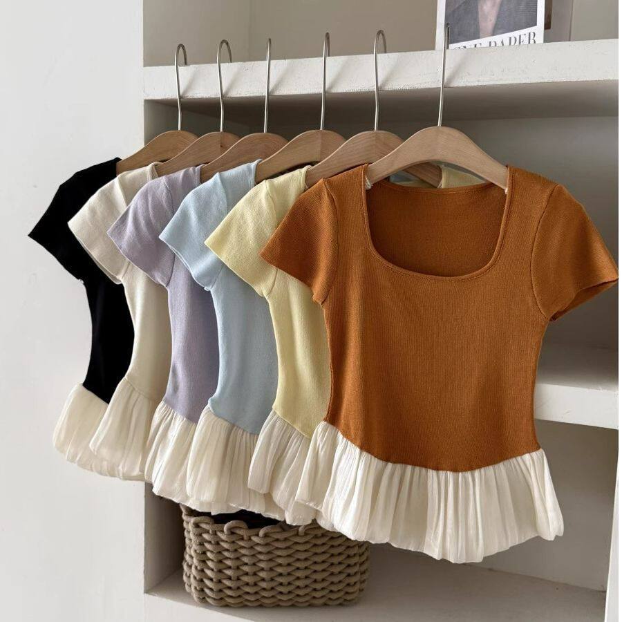 法式撞色拼接方领短袖T恤女夏装下摆荷叶边裙摆收腰显瘦洋气上衣