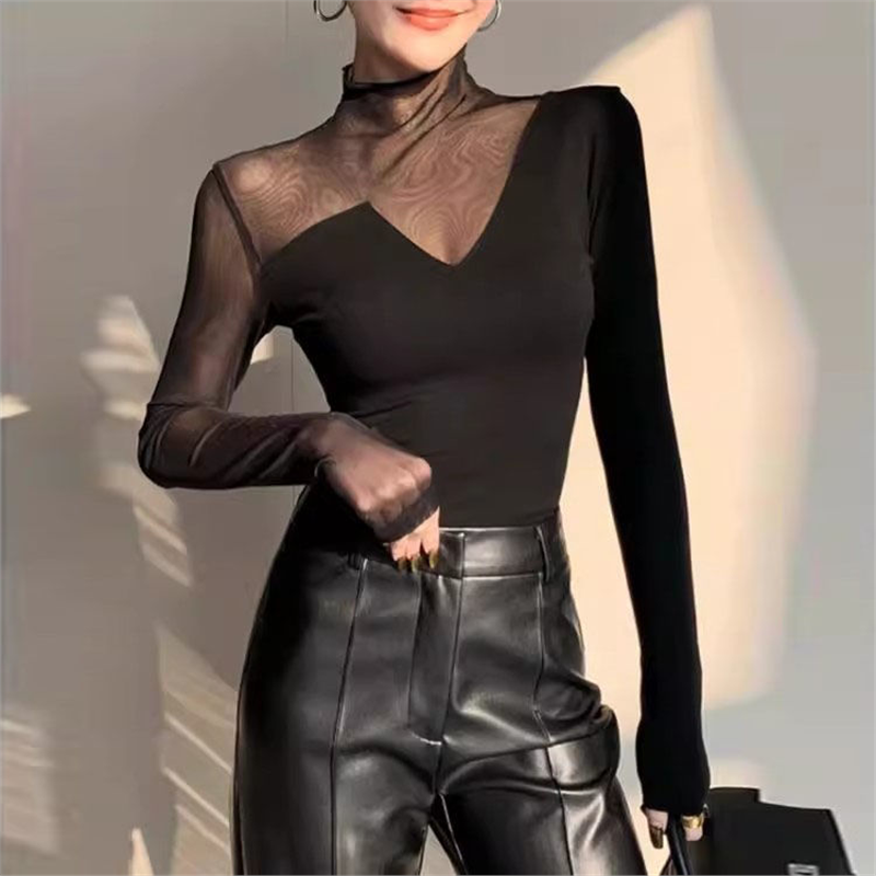 韩系纯色半高领网纱拼接长袖T恤春秋法式修身显瘦打底上衣ins潮女,女装/女士精品,T恤,淘宝优惠券,粉丝福利购,淘宝优惠卷