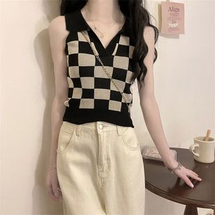 针织上衣ins 小众棋盘格纹复古无袖 背心女2025夏季 新韩版 露脐短款